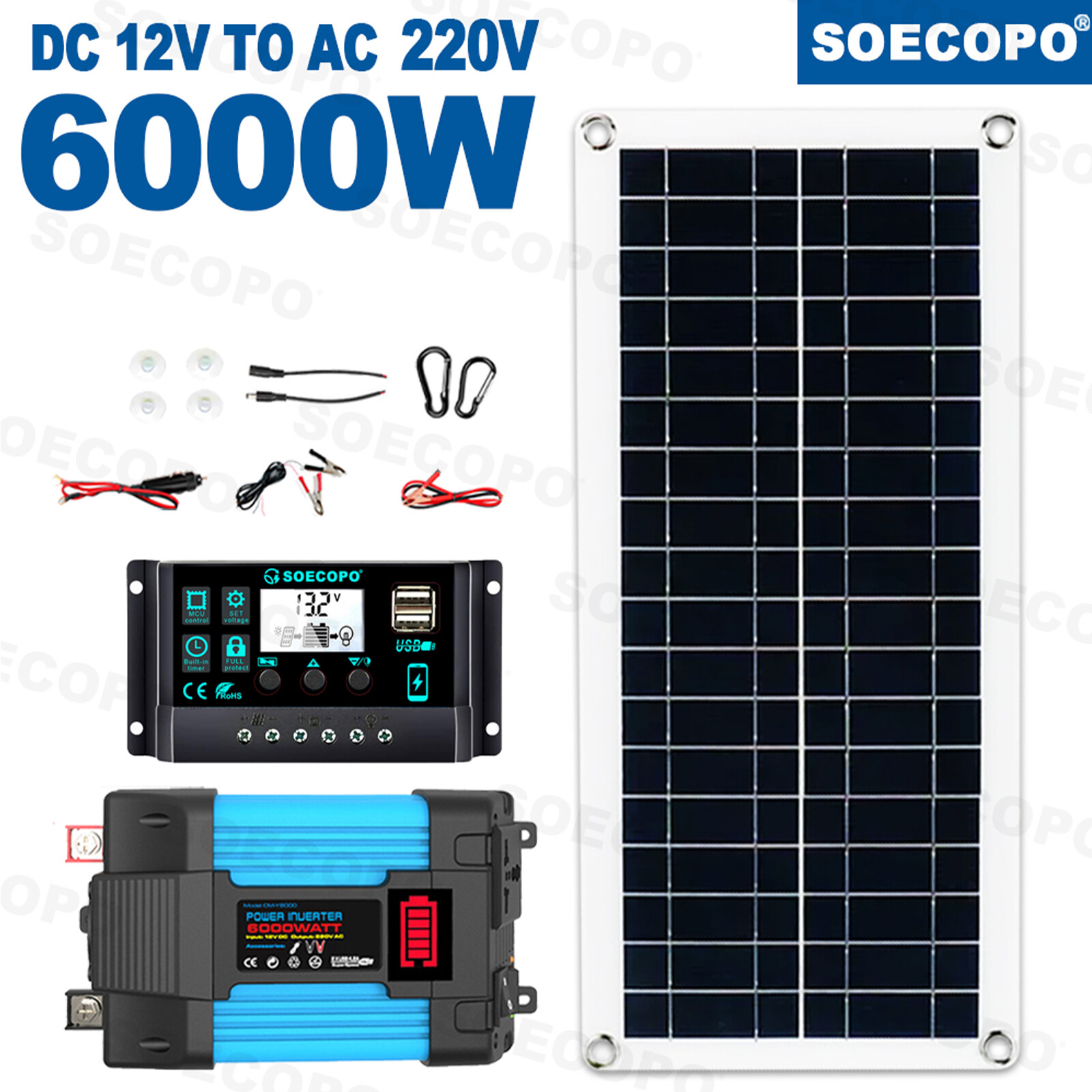 6000W Solar Panel Set Solar Power Inverter Generator 100A Home 110V Grid System