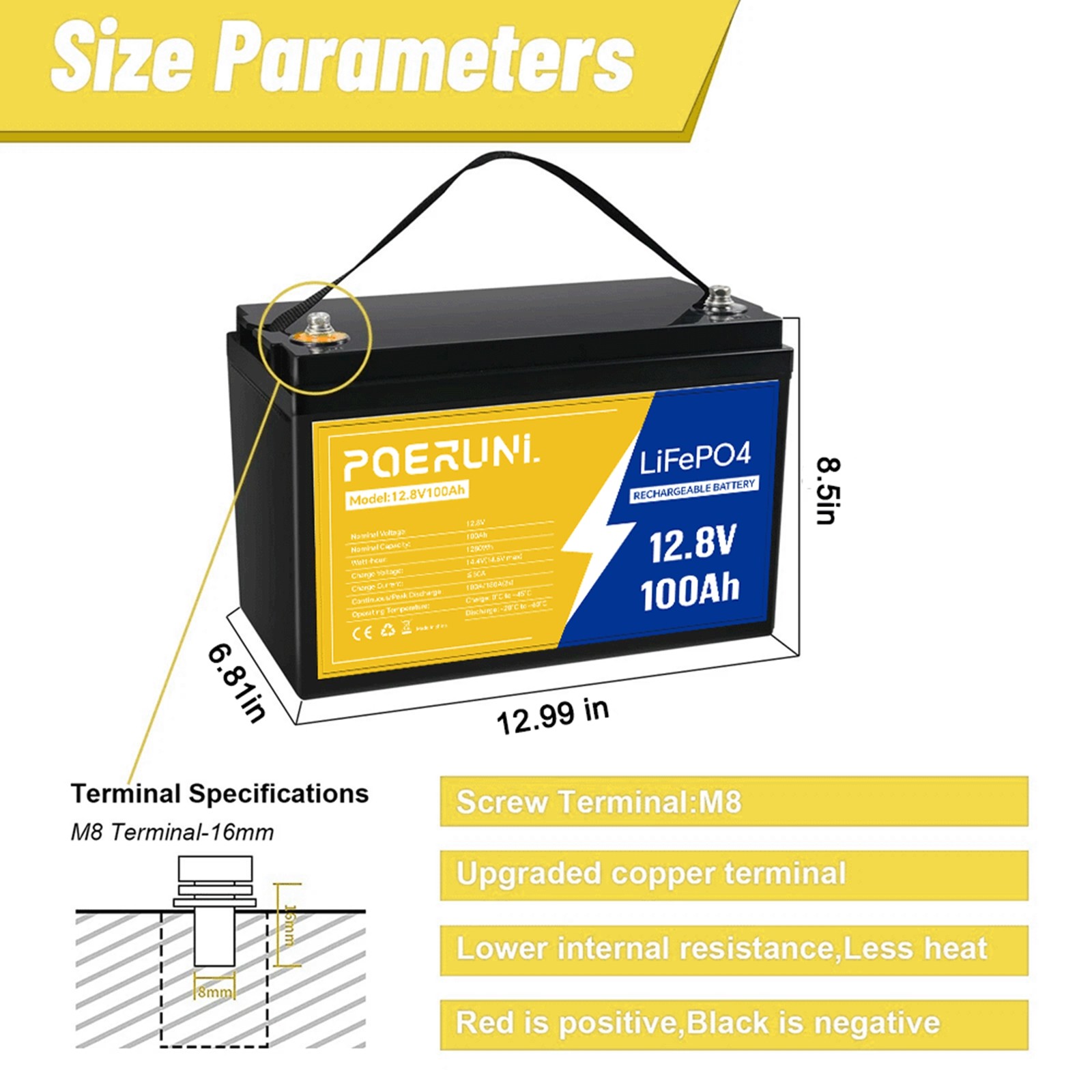 POERUNI 100Ah 12V LiFePO4 Battery BMS for RV/Marine/Off-Grid 2 Sizes Available
