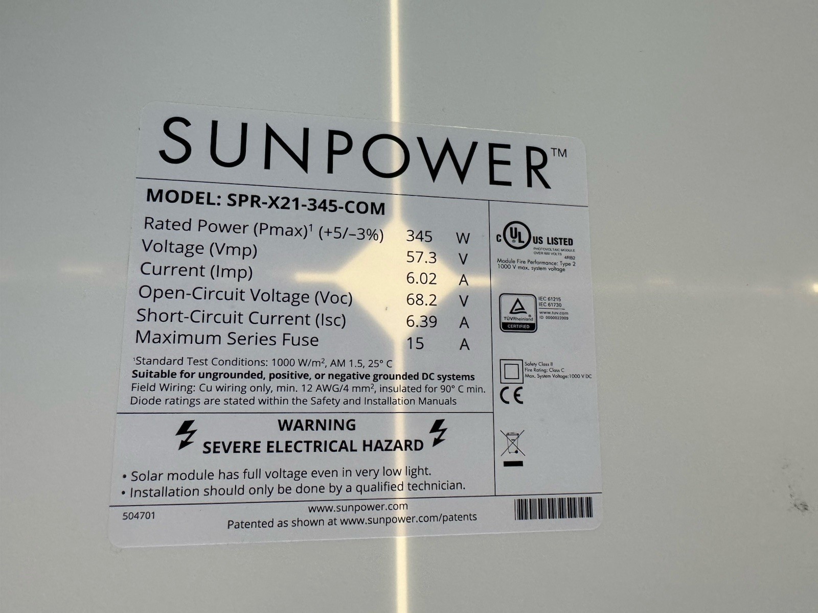 20pc Pallet SPR-X21-345-COM Sunpower 345 Watt Maxeon Cells Black Frame
