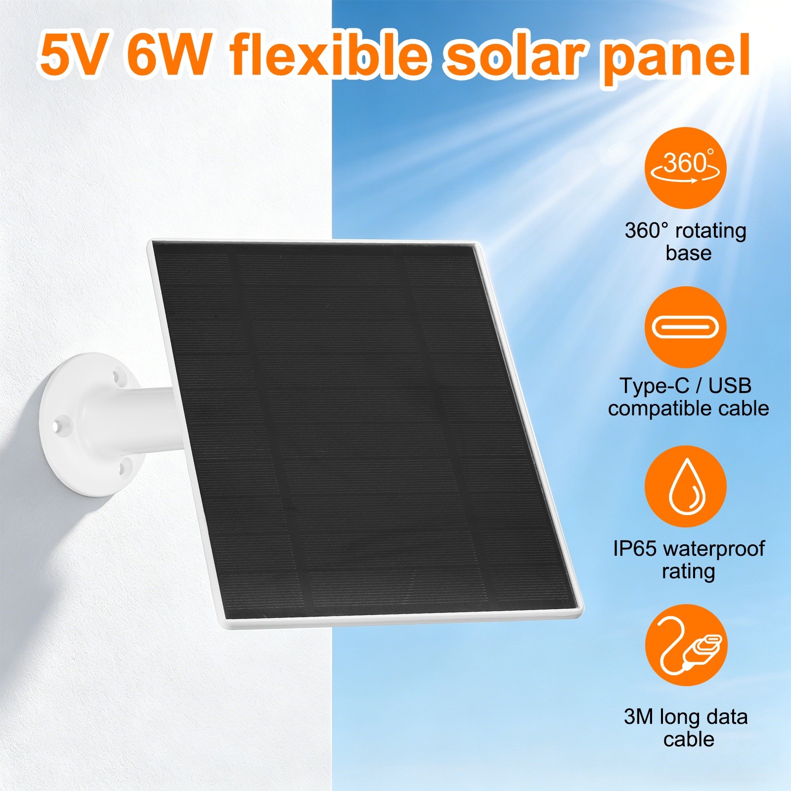 1 Pack of 5V 6W Solar Panel, Waterproof Dual Type-C/USB Solar Charger, White