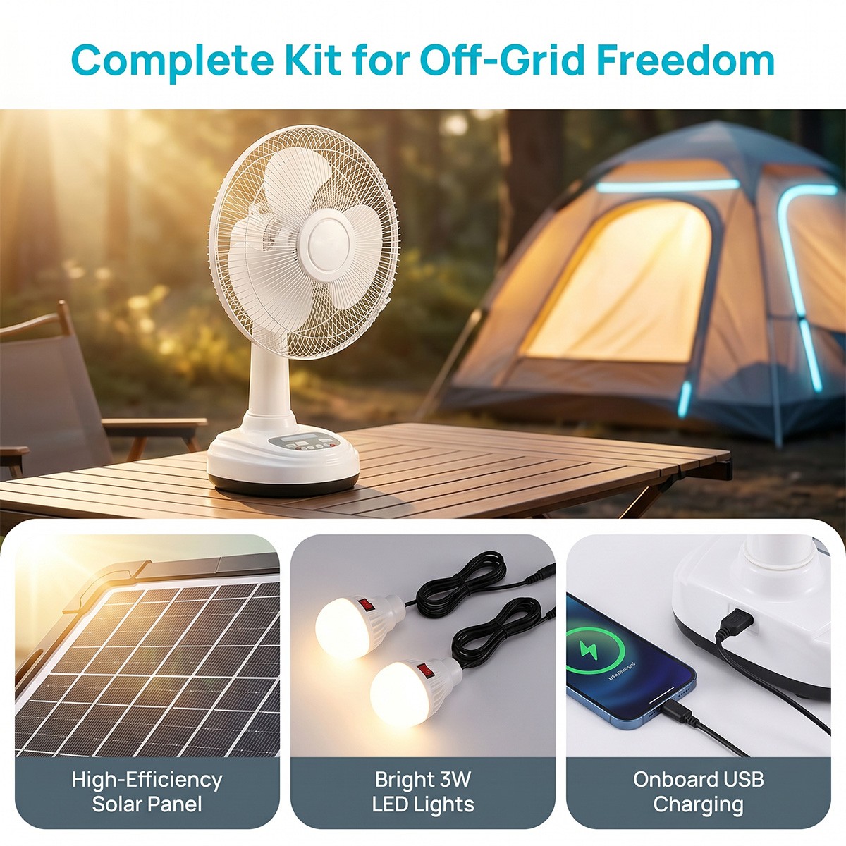 Portable Personal Desk Fan 2 Speed 12in Solar Rechargeable Fan w/ 2 Light Bulbs