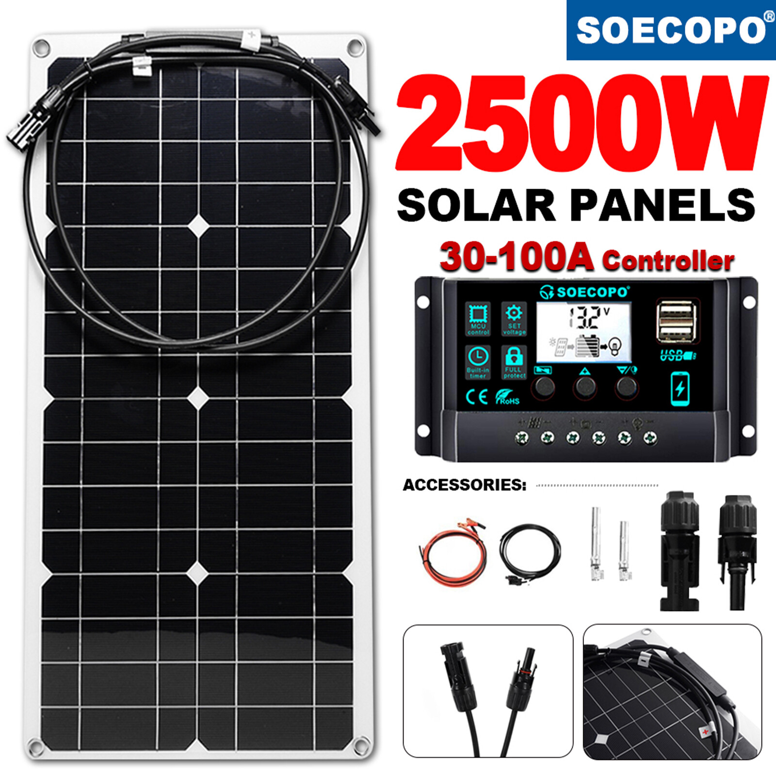 2500W 30-100A Solar Panel Kit 12V Charger Battery Charger Maintainer Boat RV Car