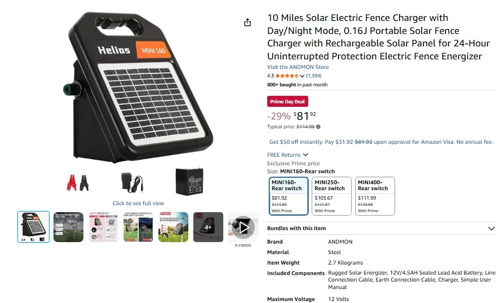 Helios Mini 160 10 Mile Solar Electric Fence Charger Energizer 0.16J Day-USED