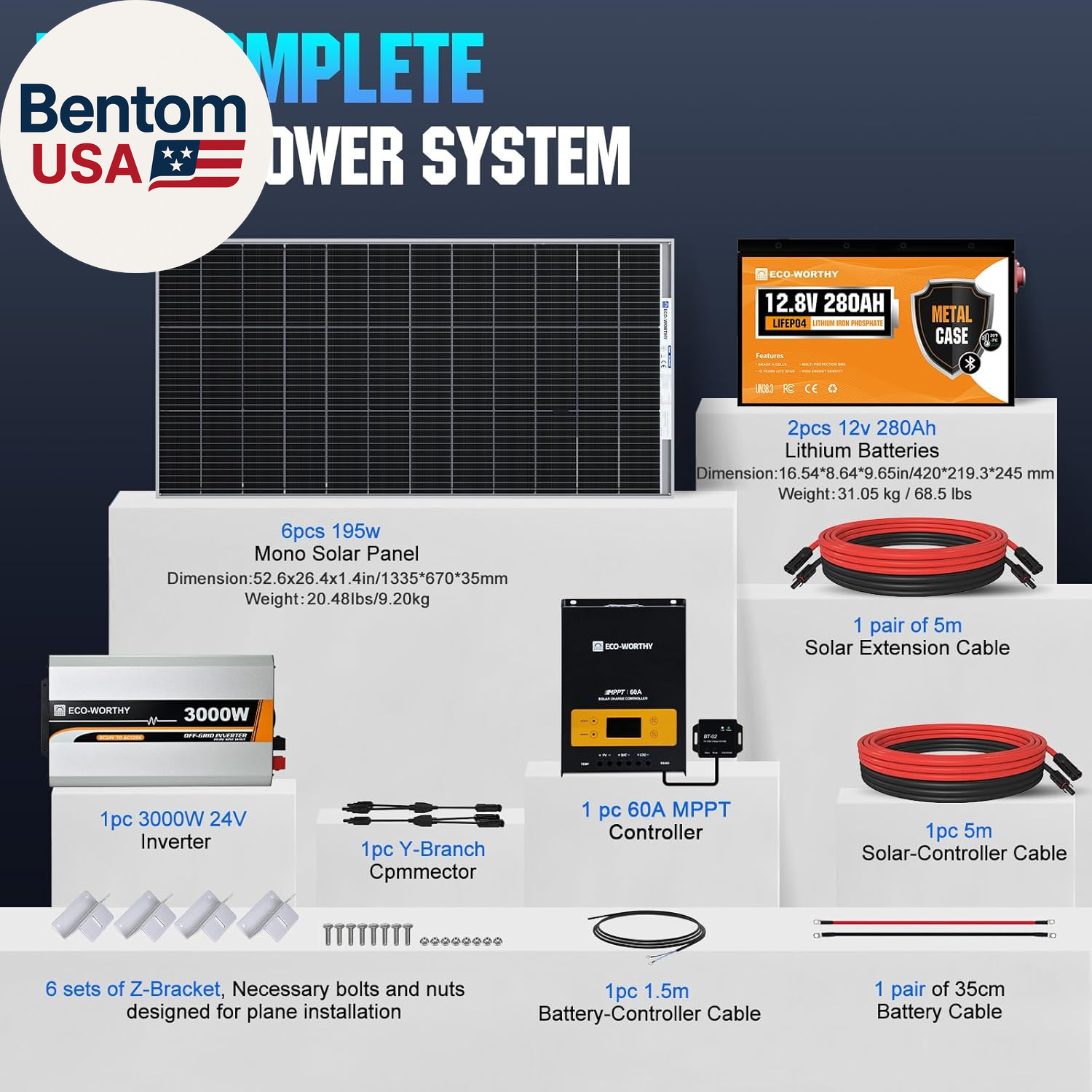 [Ultra] 1200W 24V 5.52KWH Lithium Battery Solar System off Grid:6Pcs 195W Solar