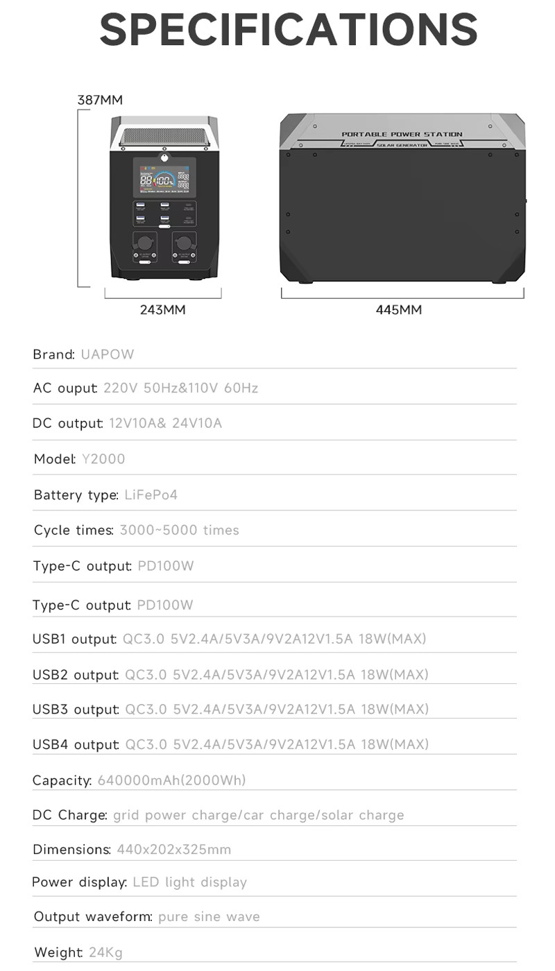 640000mAh 2000Wh 2000W LiFePO4 Battery 1200W/1000W Portable Power Station Genera