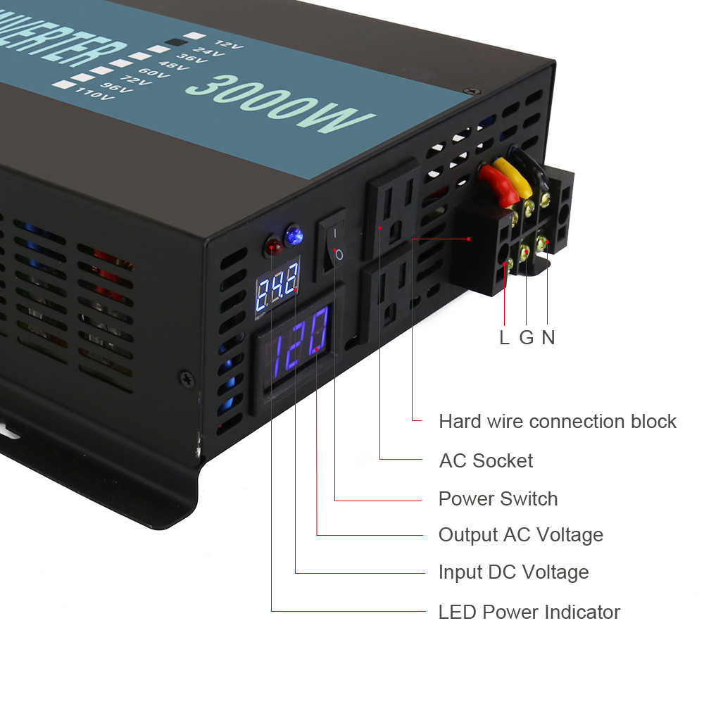 3000W Pure Sine Wave Inverter 24 Volt DC to AC 120V Power Car Truck Motor Solar