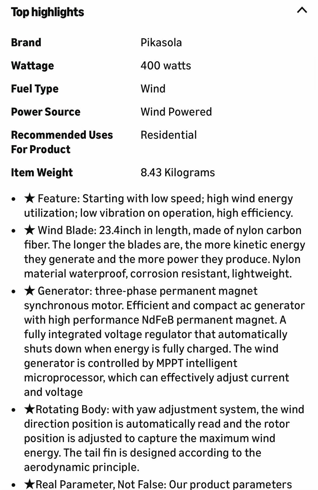 Pikasola Wind Turbine Power Generator 400W 24V – 3 Blade With Charge Controller