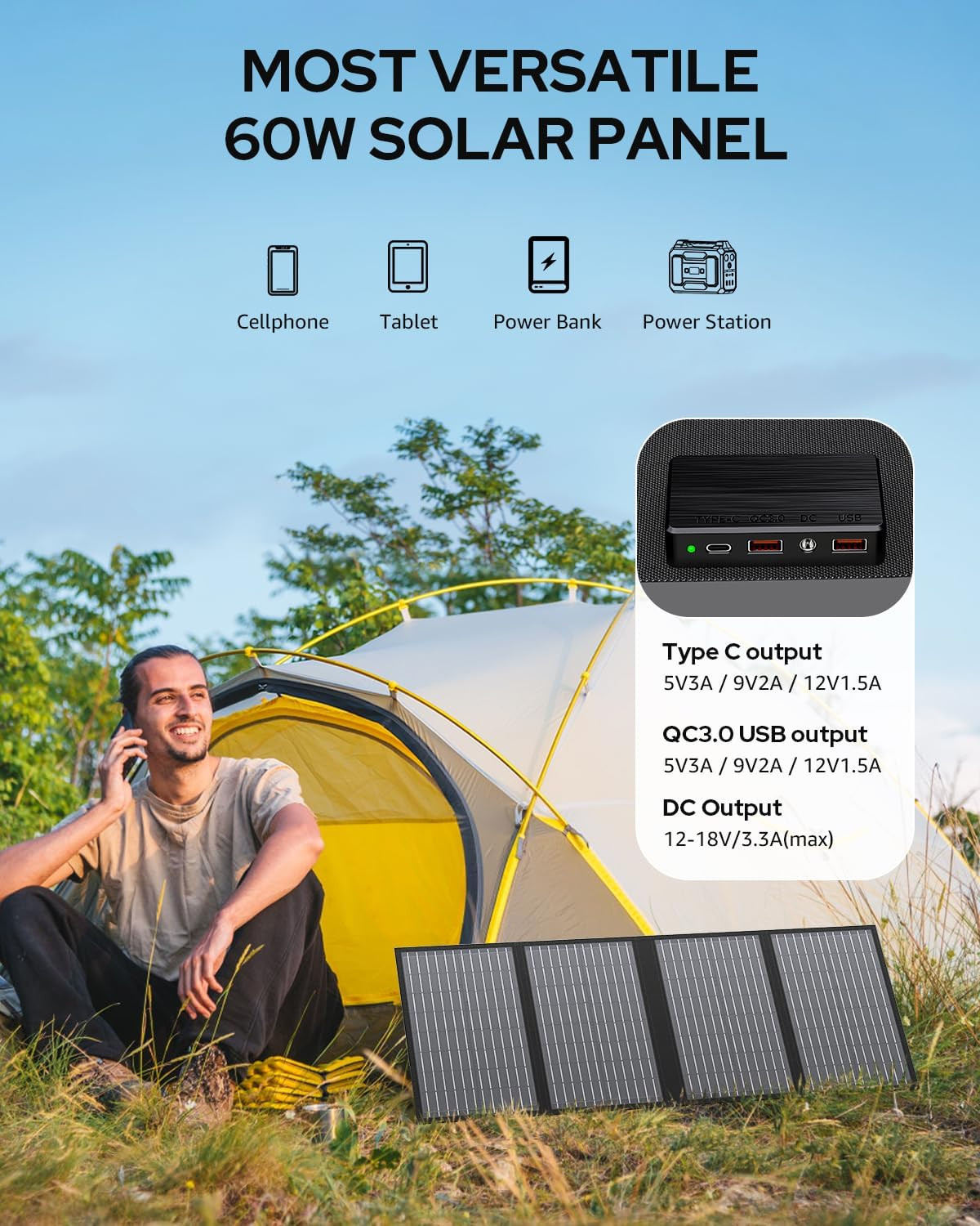 60W Portable Solar Panel Charger with USB & Type-C for Camping
