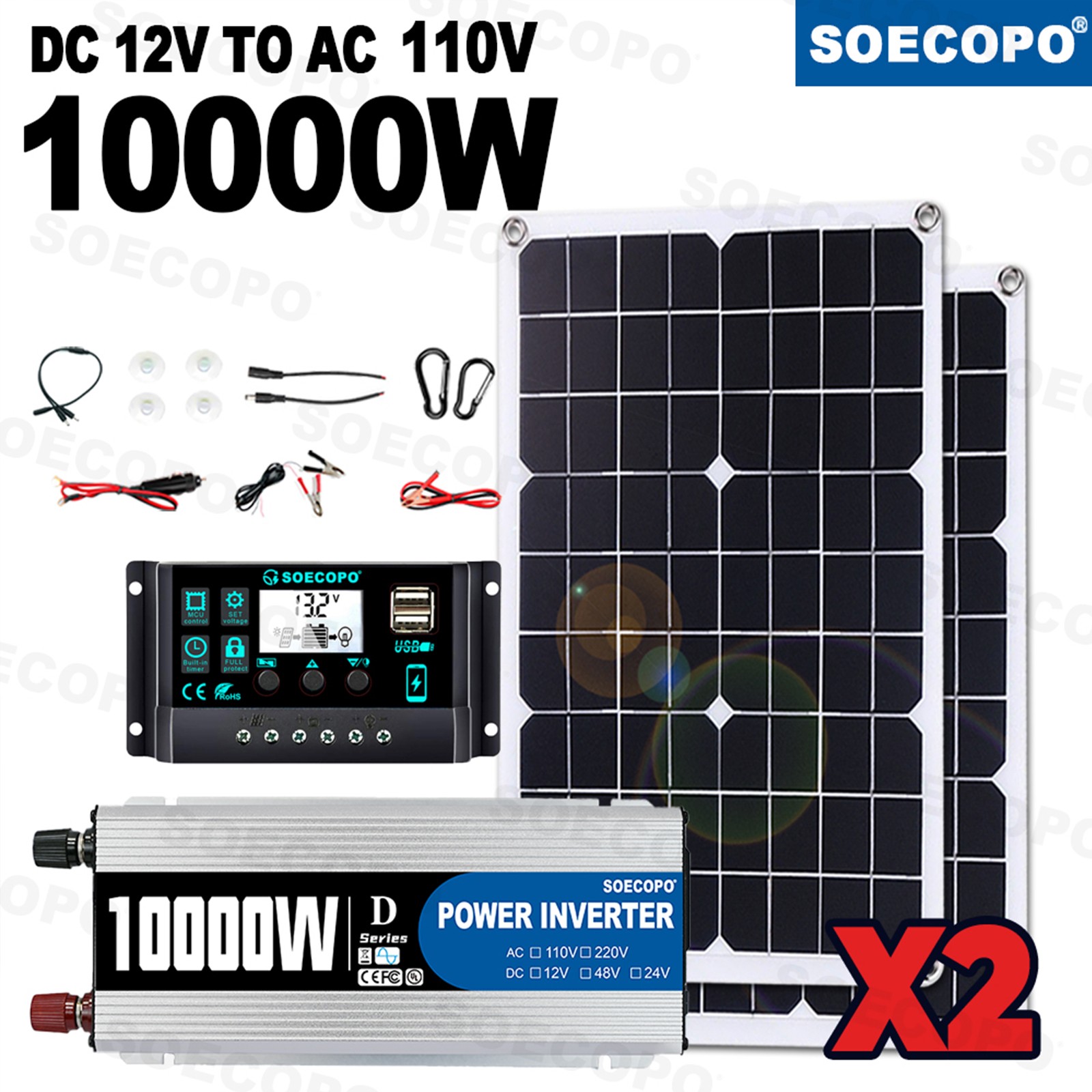 10000W Solar Power Kit 12V-110V/220V + 2pcs Solar Panels + 100A ControllerxY