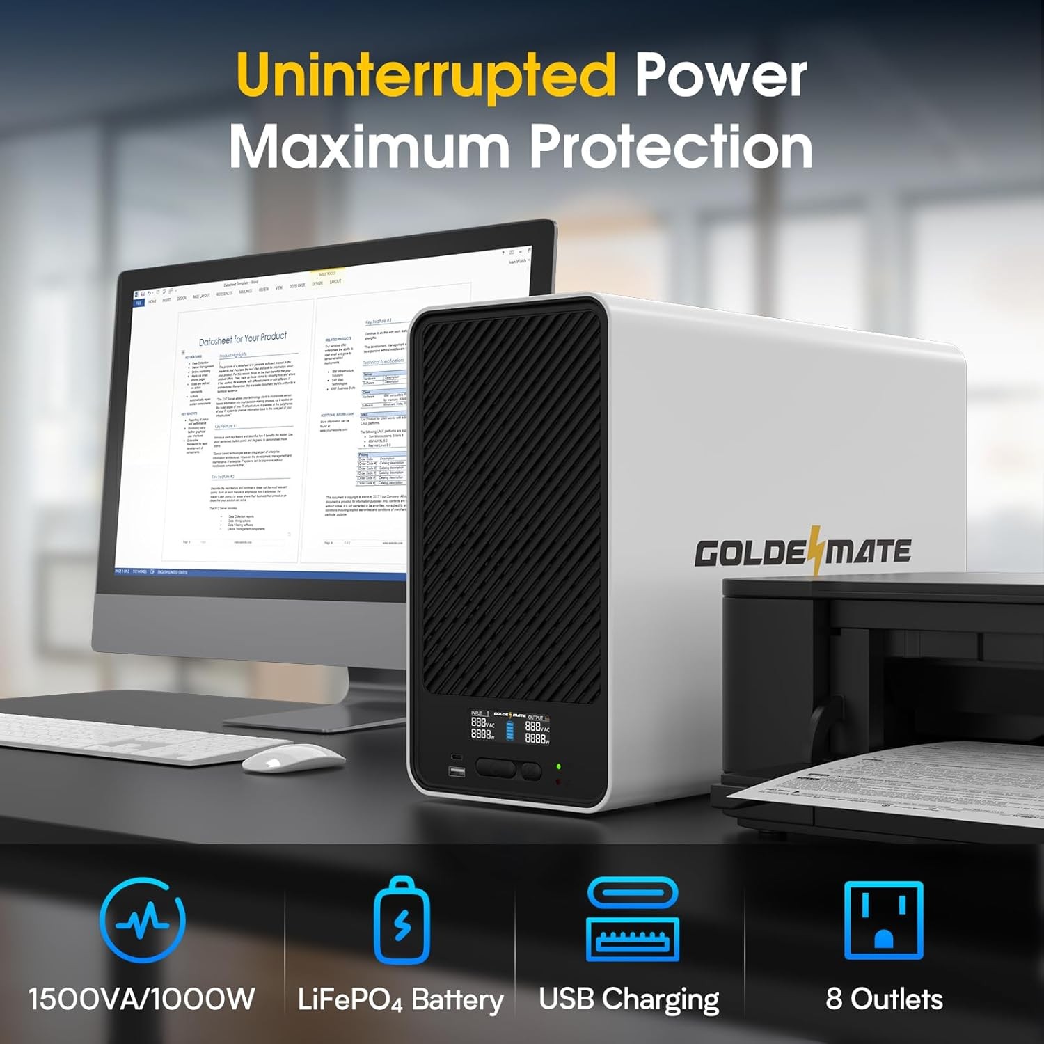 Goldenmate 1500VA 1000W Pure Sine Wave UPS Backup Power Supply LiFePO4 Battery