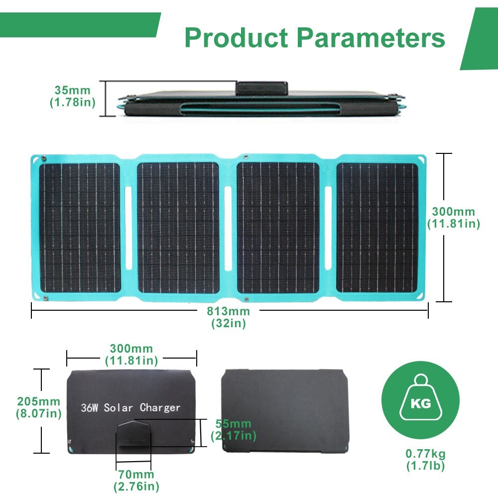 36W Folding Solar Panels 5V 2.5A USB Output Portable Outdoor Camping Sun Power