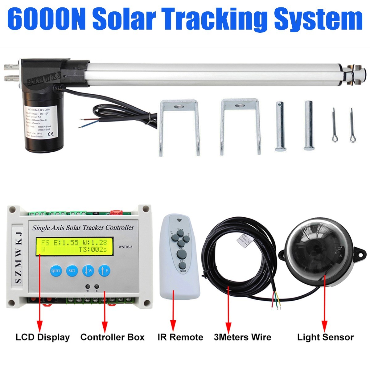 Single Axis Solar Tracking Electronic Controller W/ 6000N 18″ DC Linear Actuator