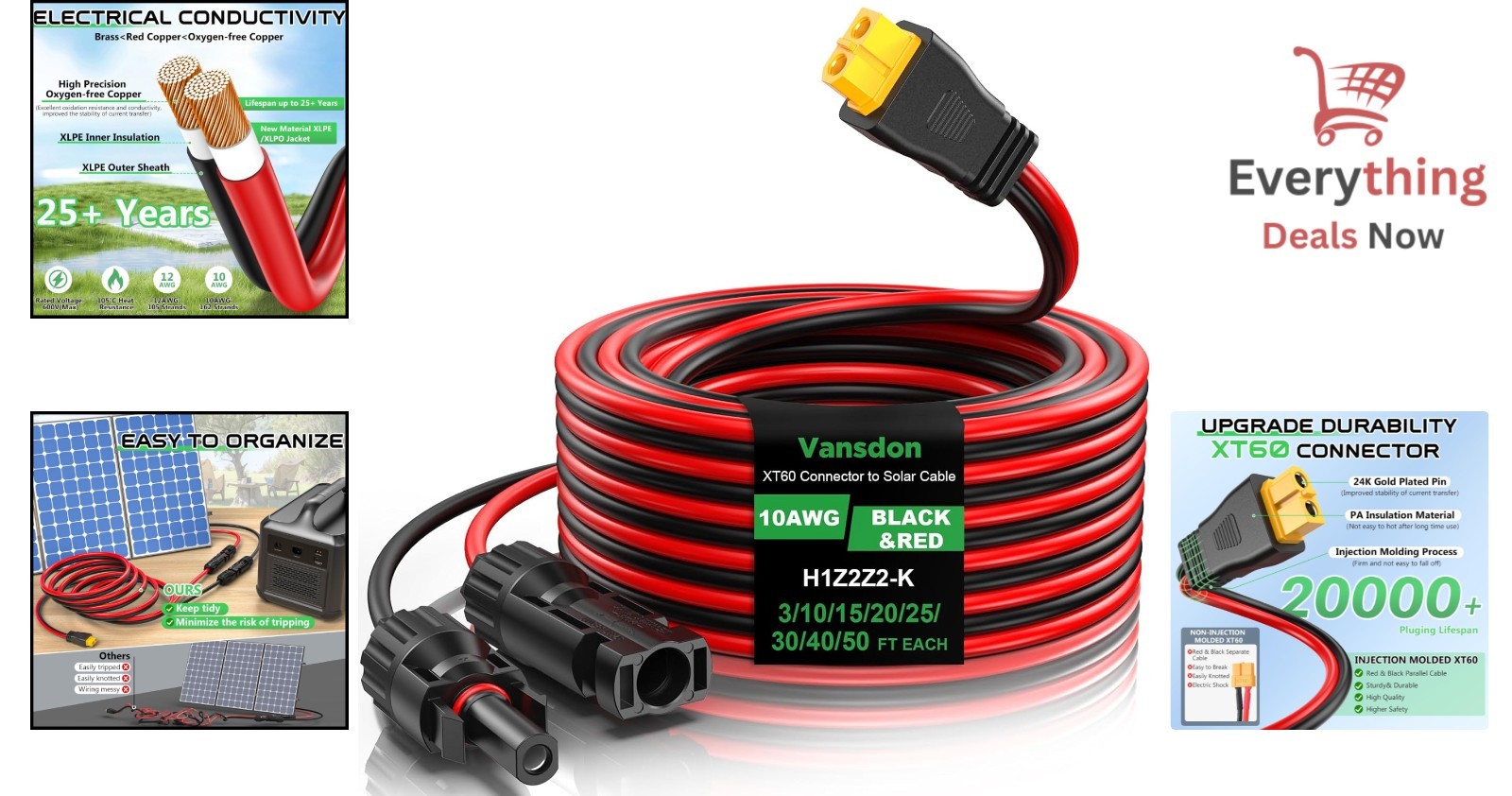 Solar to XT60 Adapter Cable 20 Feet 10 Gauge Wire for RV Portable Power Station