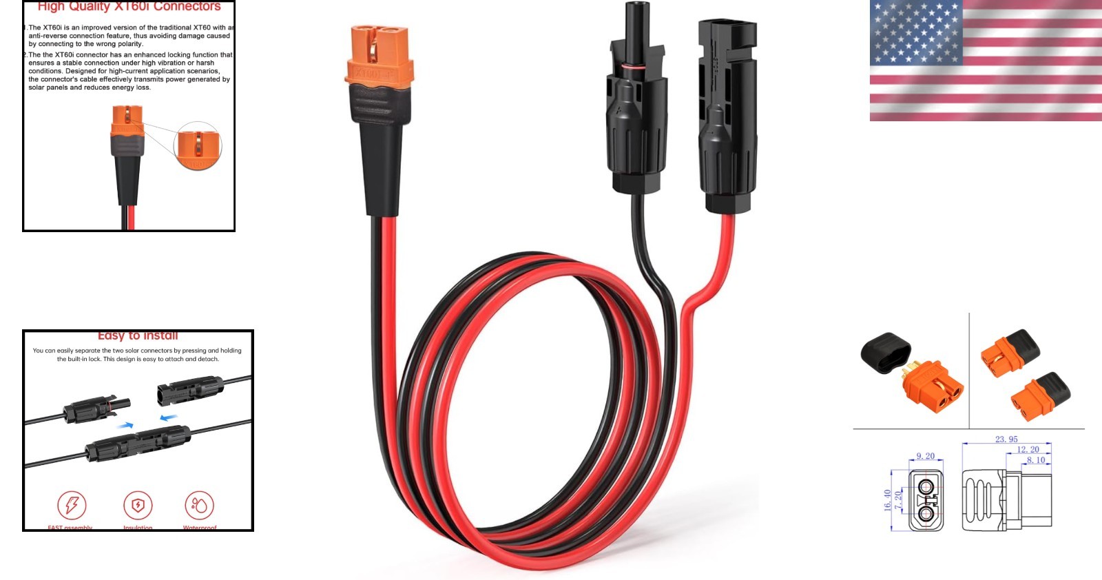 Efficient 12AWG 6FT Solar to XT60i Adapter Cable for Max Solar Integration