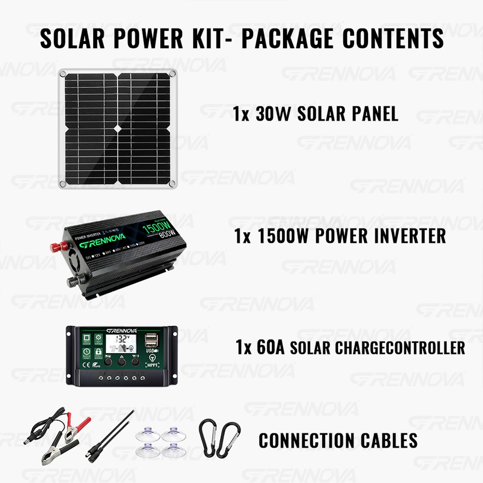 Grennova 1500W Solar Kit 30W Panel 60A MPPT Off-Grid RV Van Farm Emergency