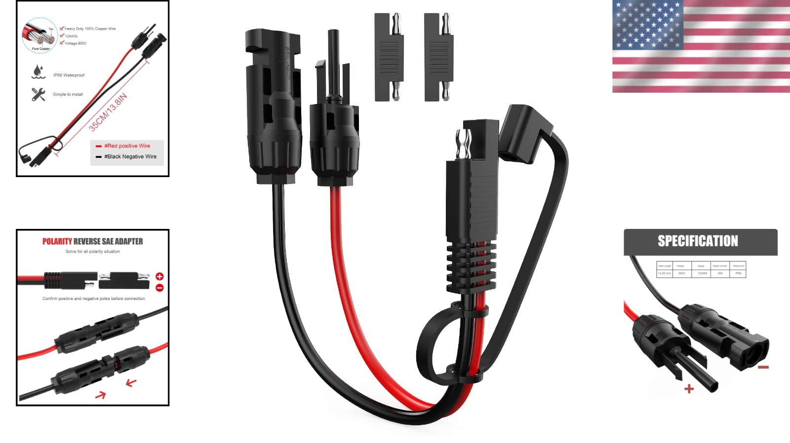 10AWG Solar Extension Cable 30cm SAE PV Wire w/ 2x Polarity Reverse Adapters
