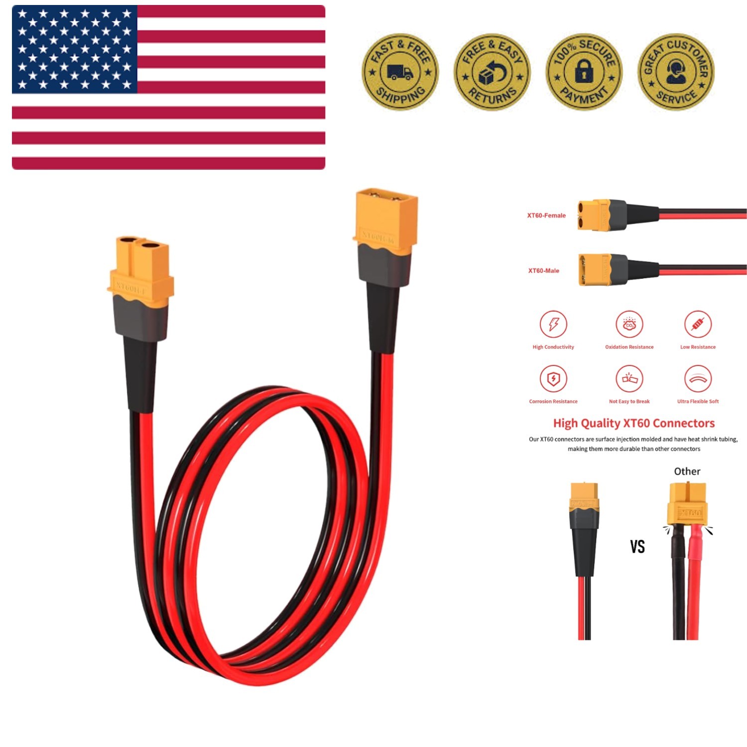 10AWG 2FT XT60 Extension Cable 2 6 10 20 35 50 75 100FT XT60 Female to Male C…