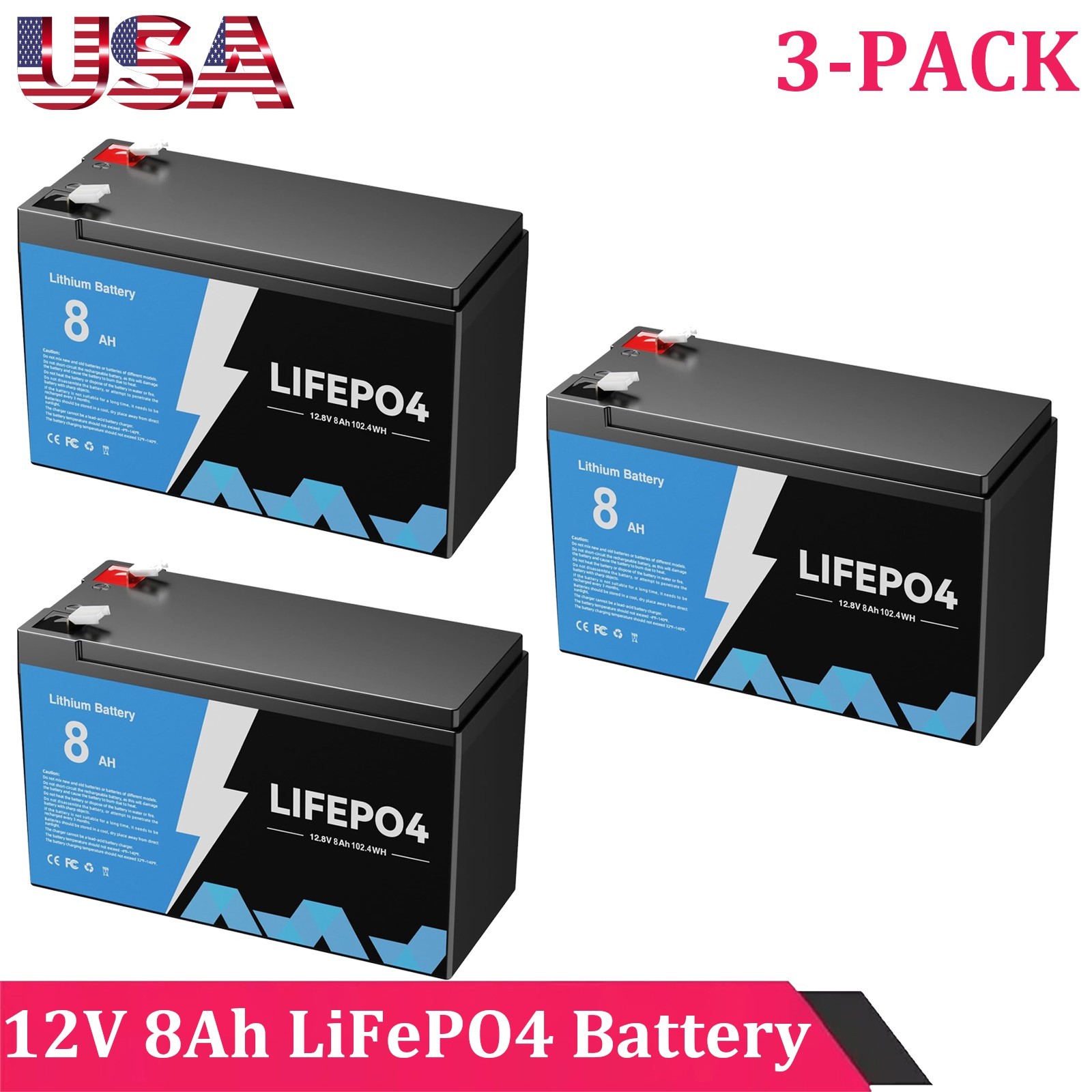 New 3-PACK 12V 8Ah LiFePO4 Deep Cycle Battery Energy for RV, Solar, Marine,Home