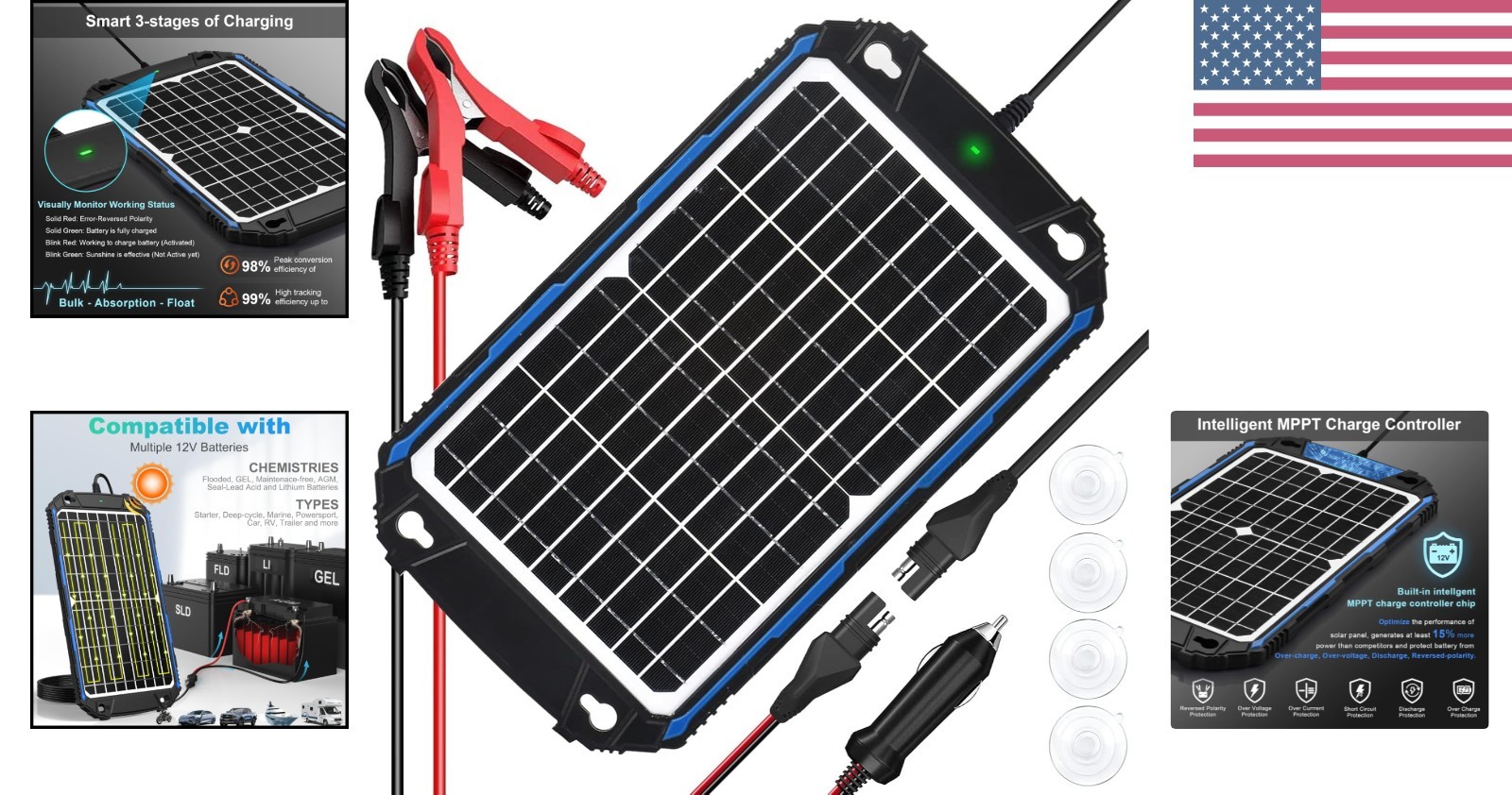 12V Waterproof Solar Panel Charger for Cars, Boats, RVs & Deep-Cycle Batteries