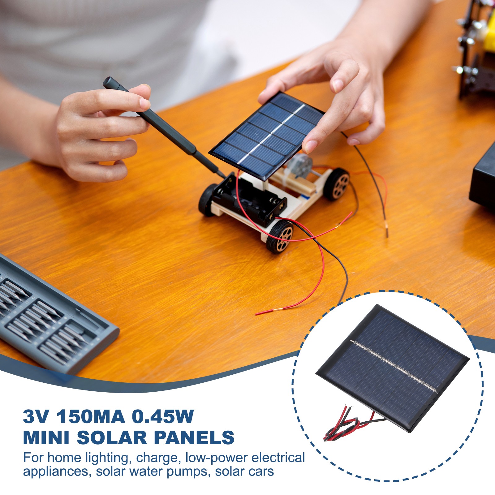 2 Pcs 3V 0.45W 150mA Mini Solar Panels with 2 Cable 60mm x 55mm