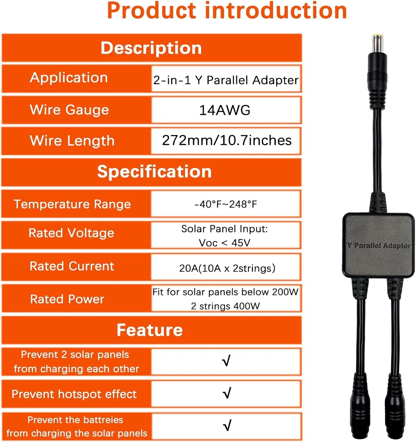 2-in-1 DC8mm Y Branch Parallel Adapter Cable for Solar Panels & Jackery