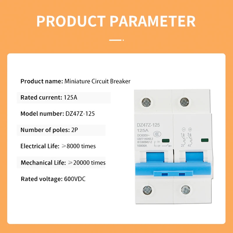 Circuit Breaker DZ47Z-125 DC MCB 2P 125A 600V Mini PV For Solar Overload Protect