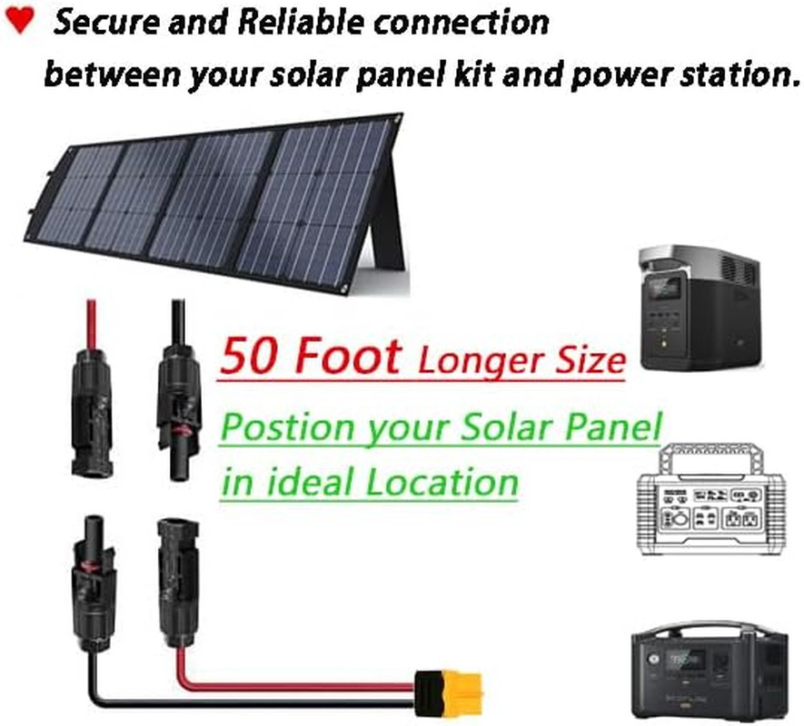 50FT Solar XT60 Adapter Cable 12AWG for Lifepo4 Batteries & Power Stations