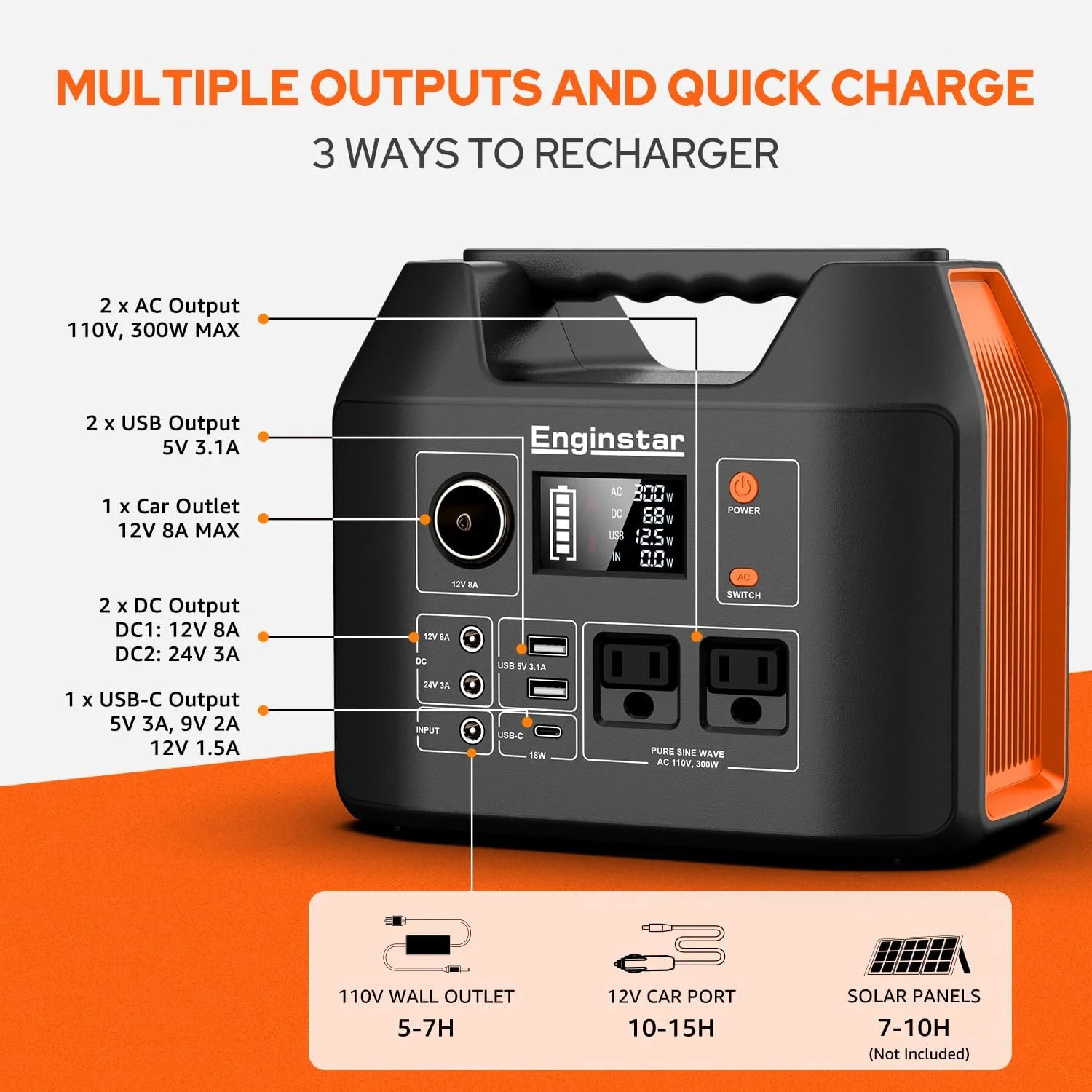 EnginStar Portable Power Station 300W 296Wh Battery Bank with 110V Pure Sine Wav