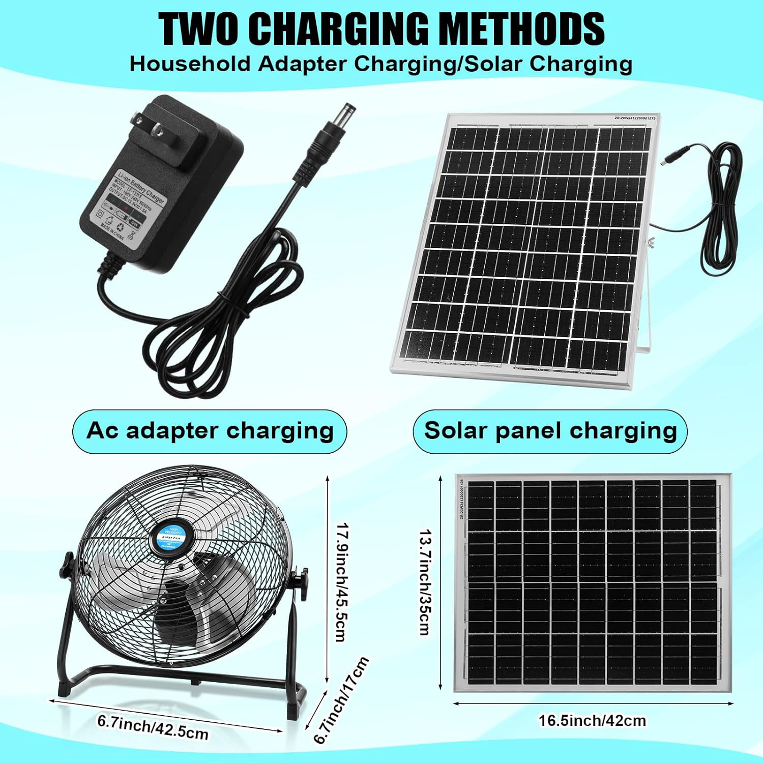14 Inch Solar Panel Powered Fan, 2 in 1 Solar Panel or AC Charger Powered Fan 12
