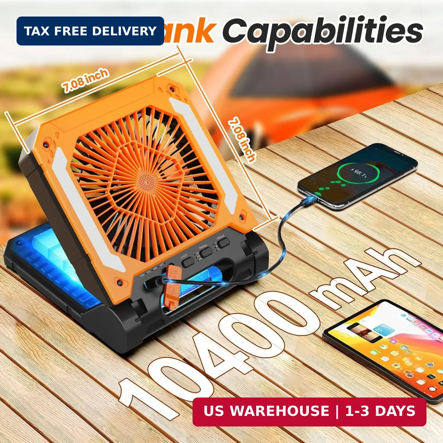 20000mAh Portable Fan Rechargeable with Solar Panel 2-in-1, 3 Speeds Cordless Ba