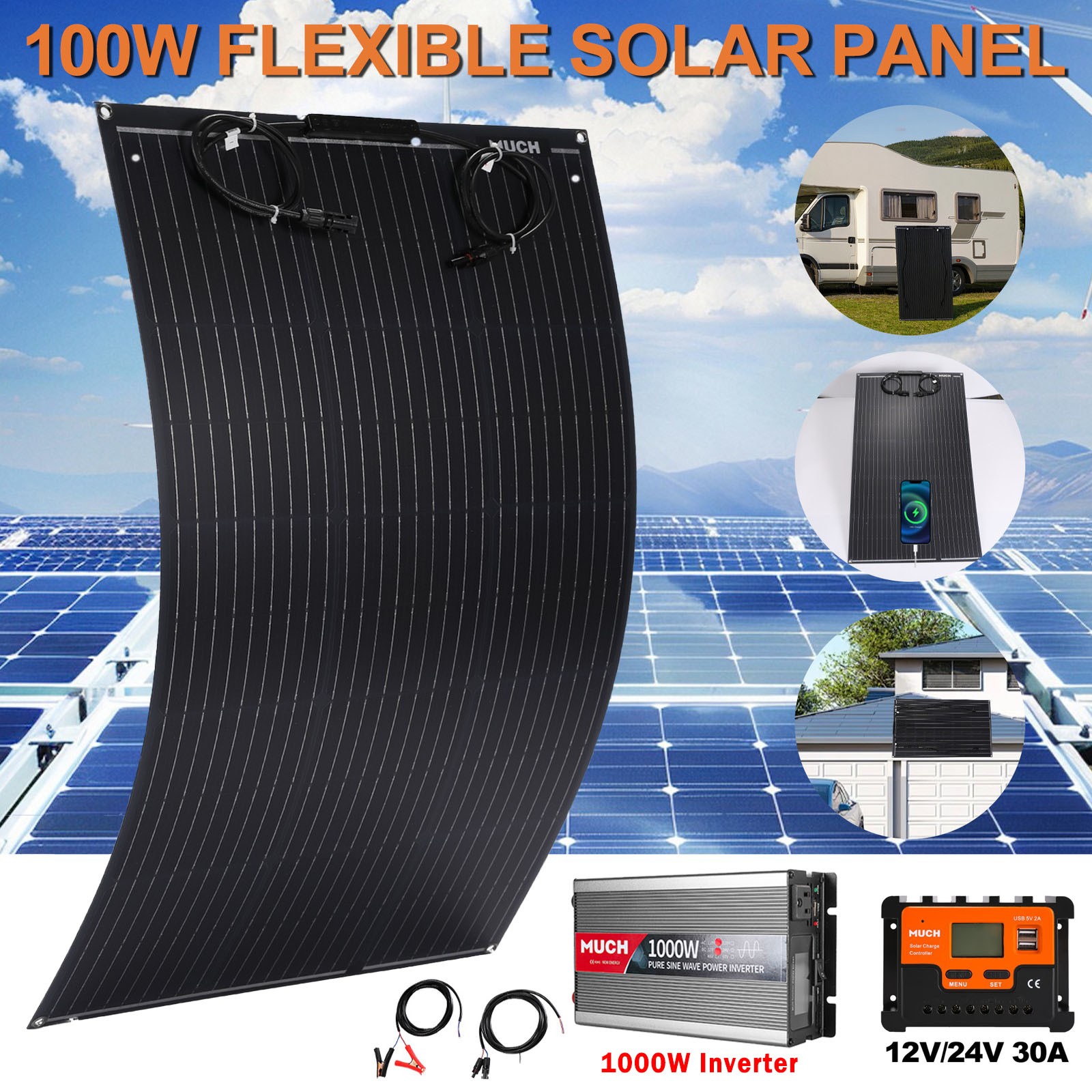 200W Solar Panel kit 12V Charger RV Outdoor Battery Solar Charger + Car Inverter