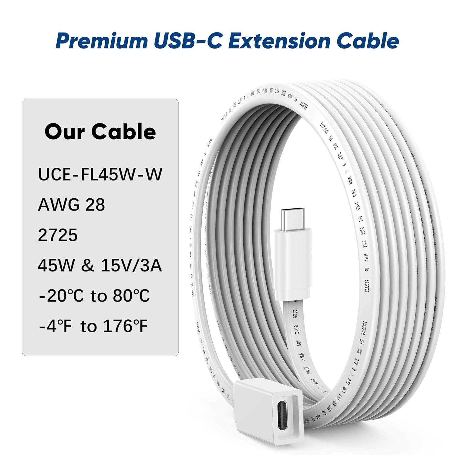 USB C Extension Cable 10Ft for Ring Solar Panel & Camera, 45W Charging Waterproo