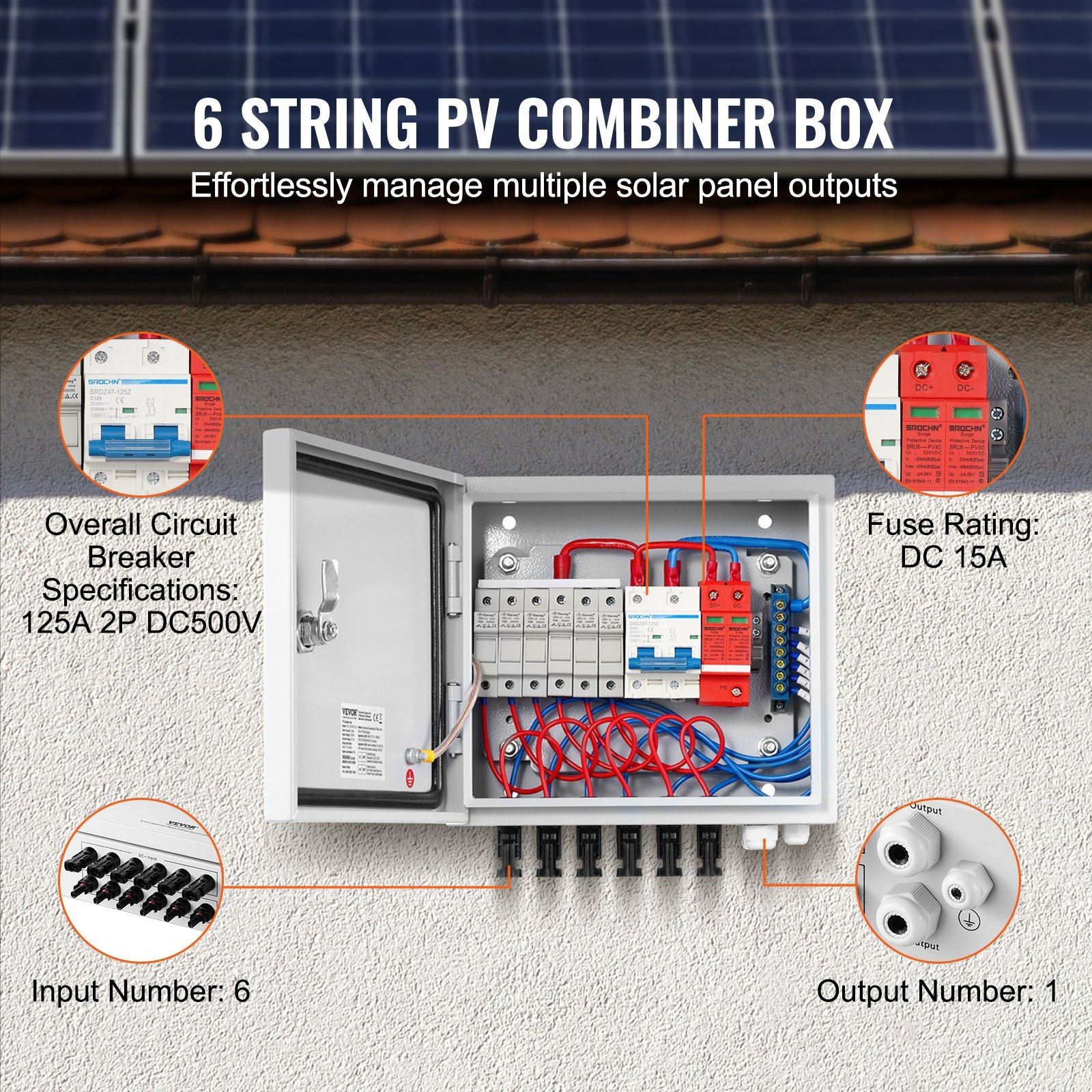 6 String 15A Solar PV Combiner Box with Steel Case IP65 Rated Protection
