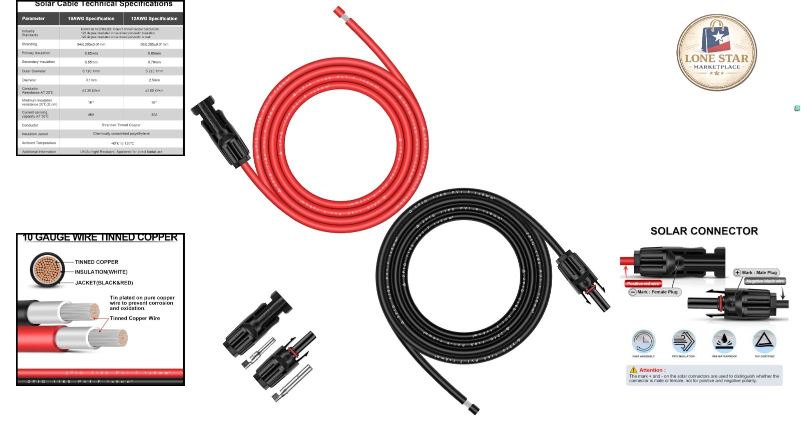 10FT Solar Panel Extension Cable – 10AWG Copper, UV Resistant & Weatherproof