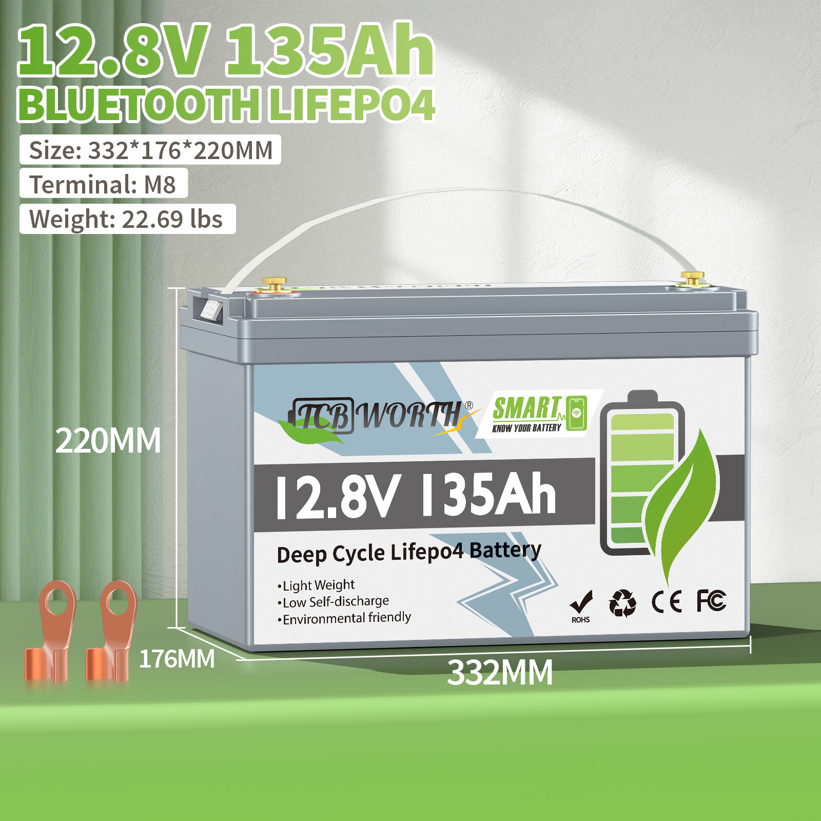 12V 135Ah LiFePO4 Lithium Battery 1728Wh Smart Bluetooth BMS for RV Marine Solar