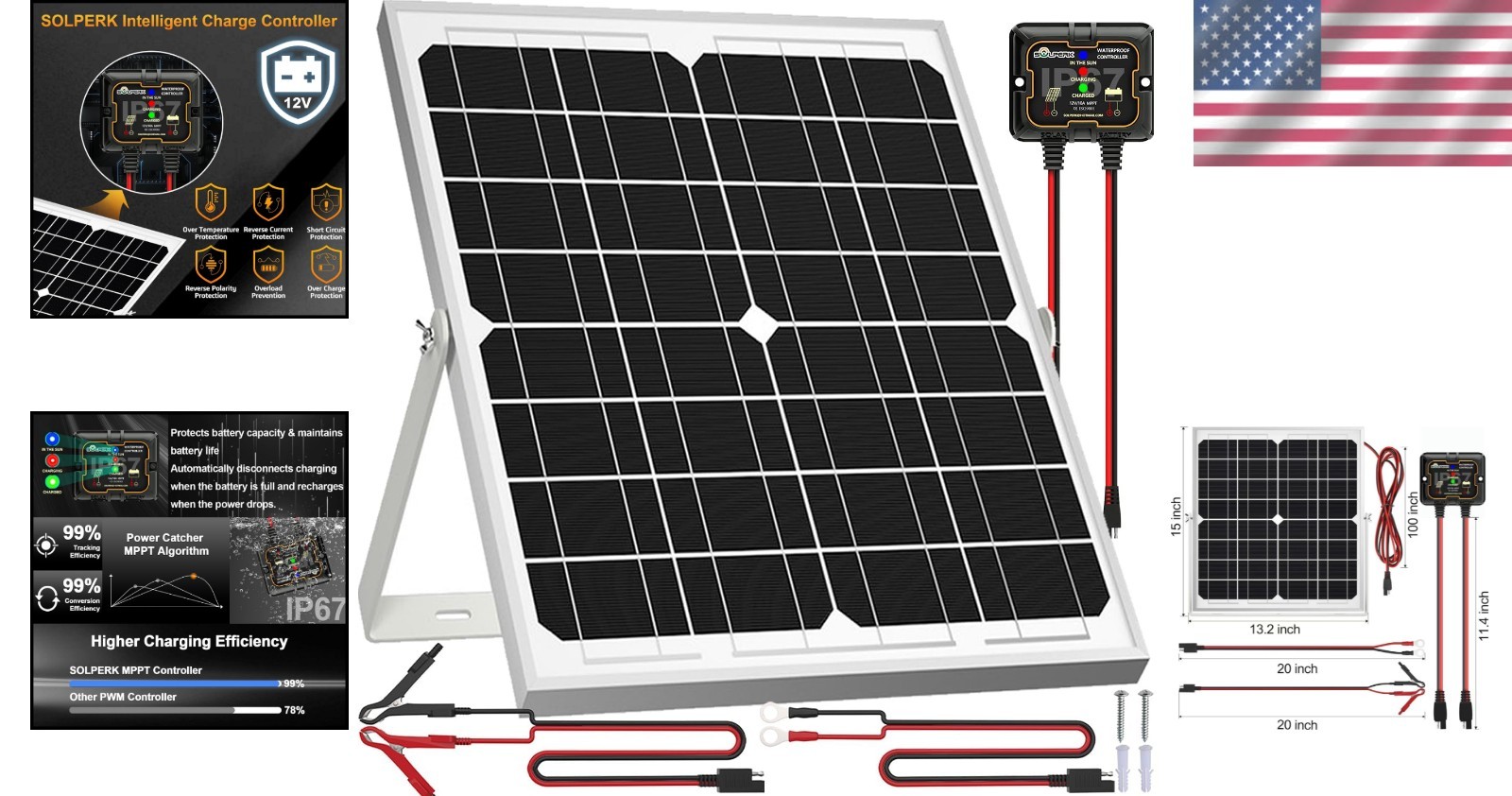 Durable 20W 12V Solar Panel with Smart MPPT Controller & Adjustable Bracket