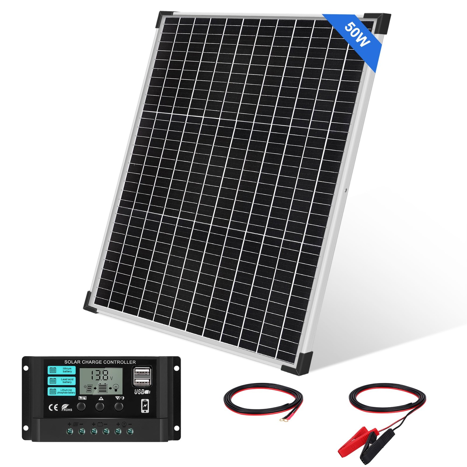 50W Solar Panel Kit High Efficiency Monocrystalline 12V/24V 10A PWM Controller
