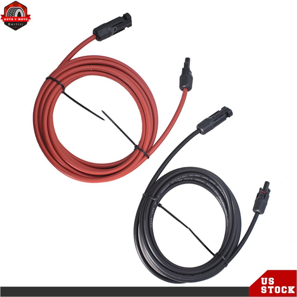10 AWG 15 FT 1 Pair Black + Red Solar Panel Extension Cable Wire Connector