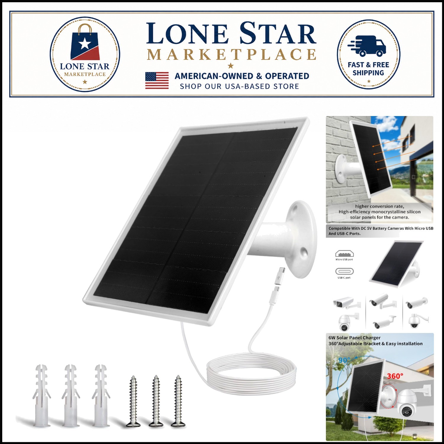 360° Adjustable 6W Solar Panel Charger for Waterproof Rechargeable Cameras