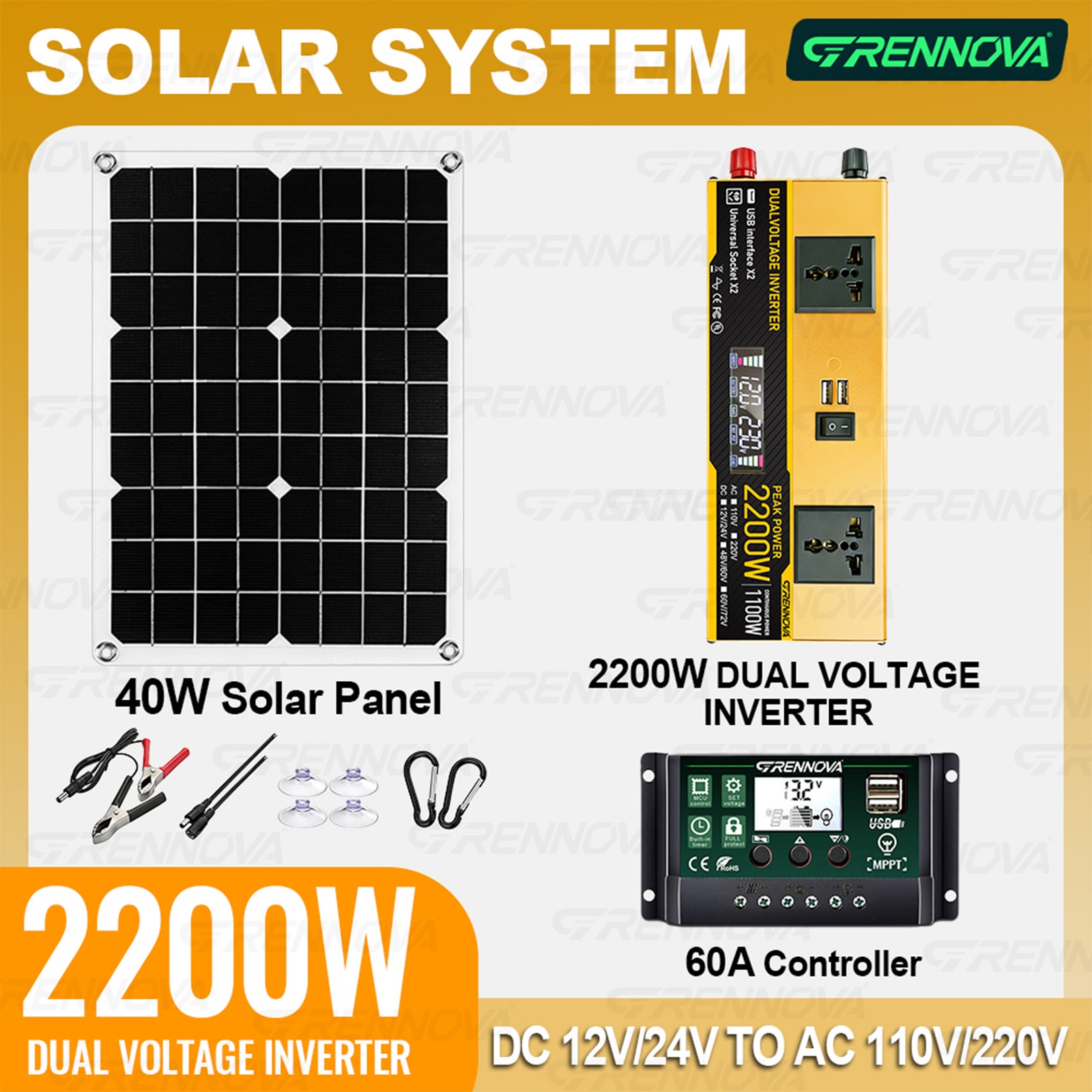 Grennova 2200W Portable Solar Kit 60A MPPT Dual Voltage Off-Grid Home Camper