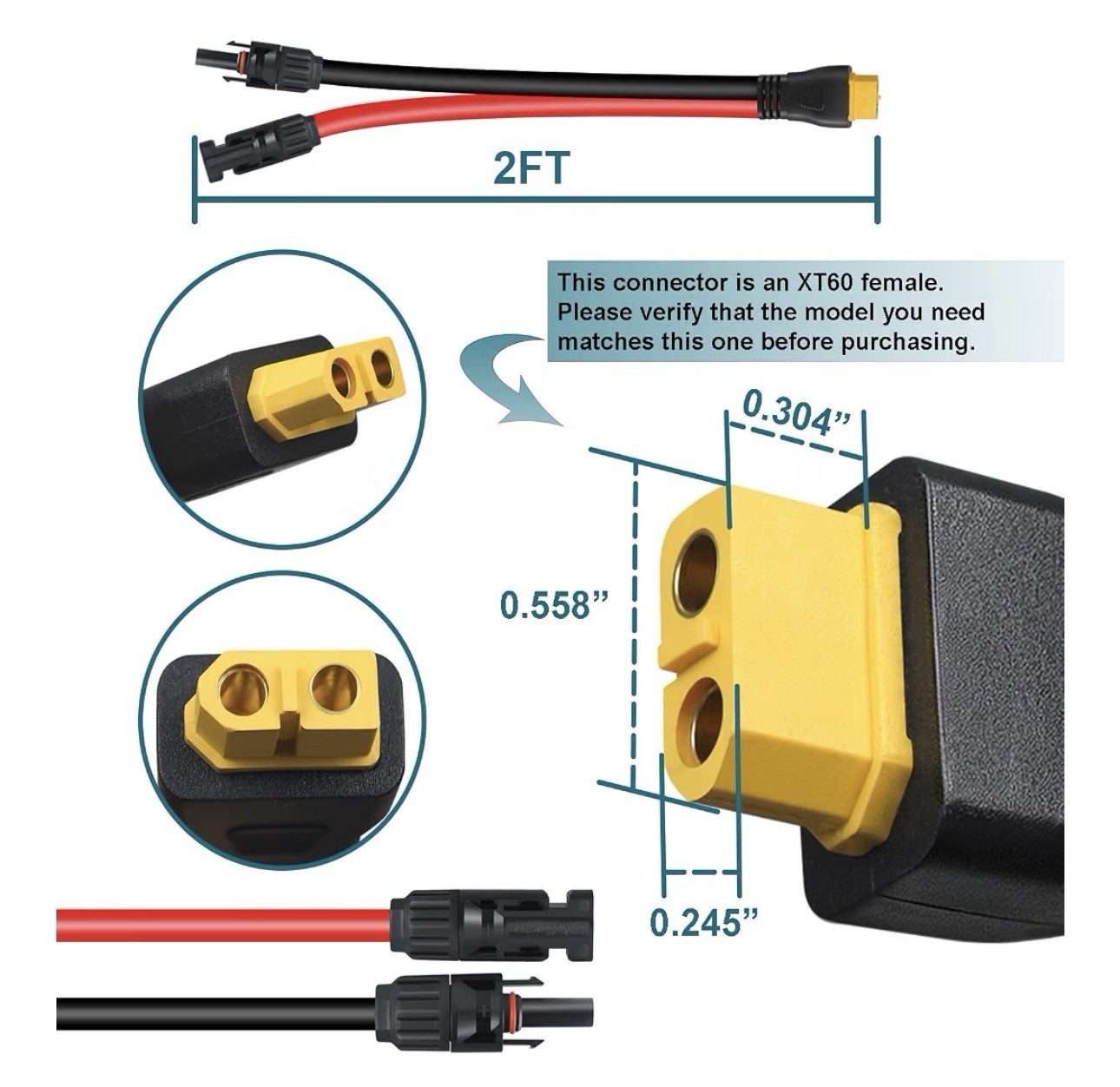 12AWG Solar to XT60 Extension Cable, 2FT Solar to XT60 Connector