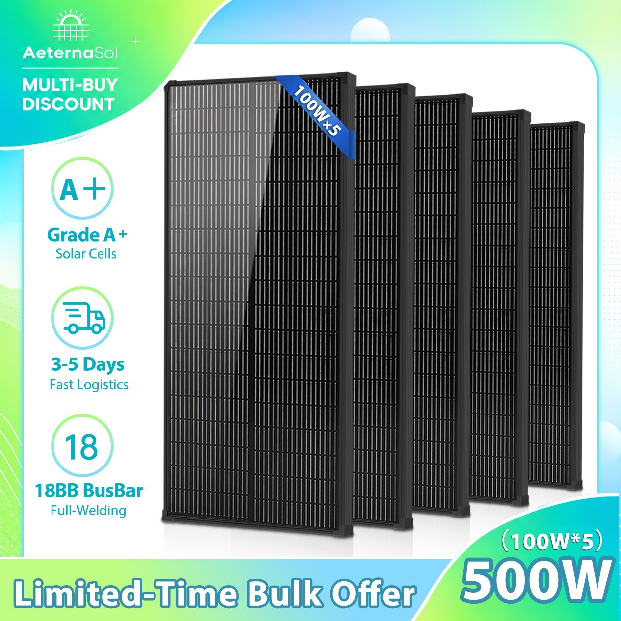 AternaSol 5Pack 100W Solar Panel Mono 18V N-Type PV Off-Grid RV Home Roof Boat