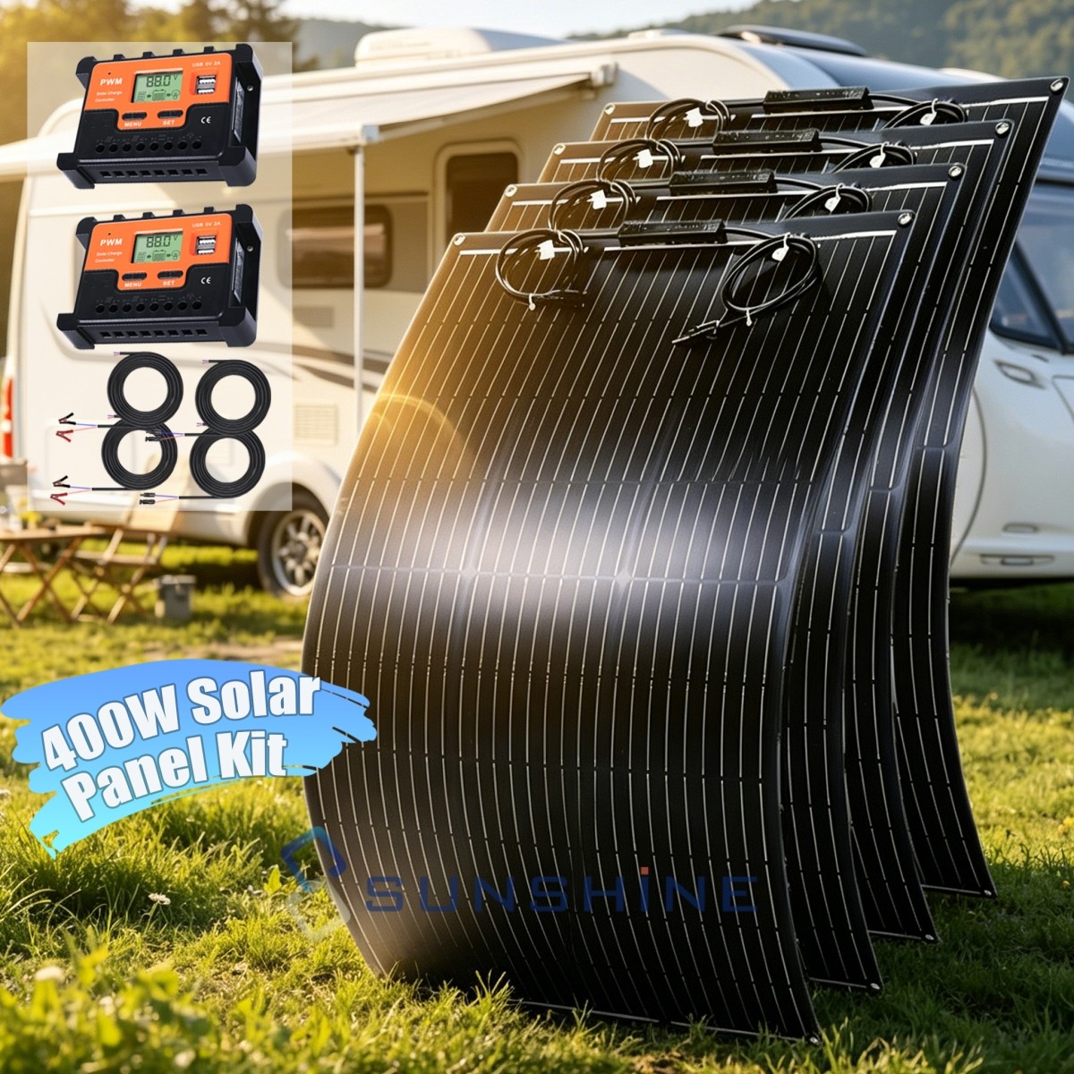 400W Flexible Solar Panel Mono Kit Portable Home RV Battery Charge no drilling
