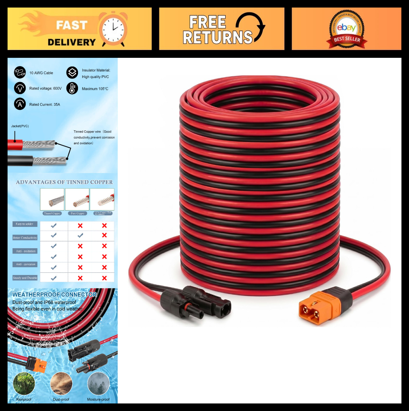 35FT 10AWG Solar Panel XT60i Extension Cable Adapter Connector for Power Station