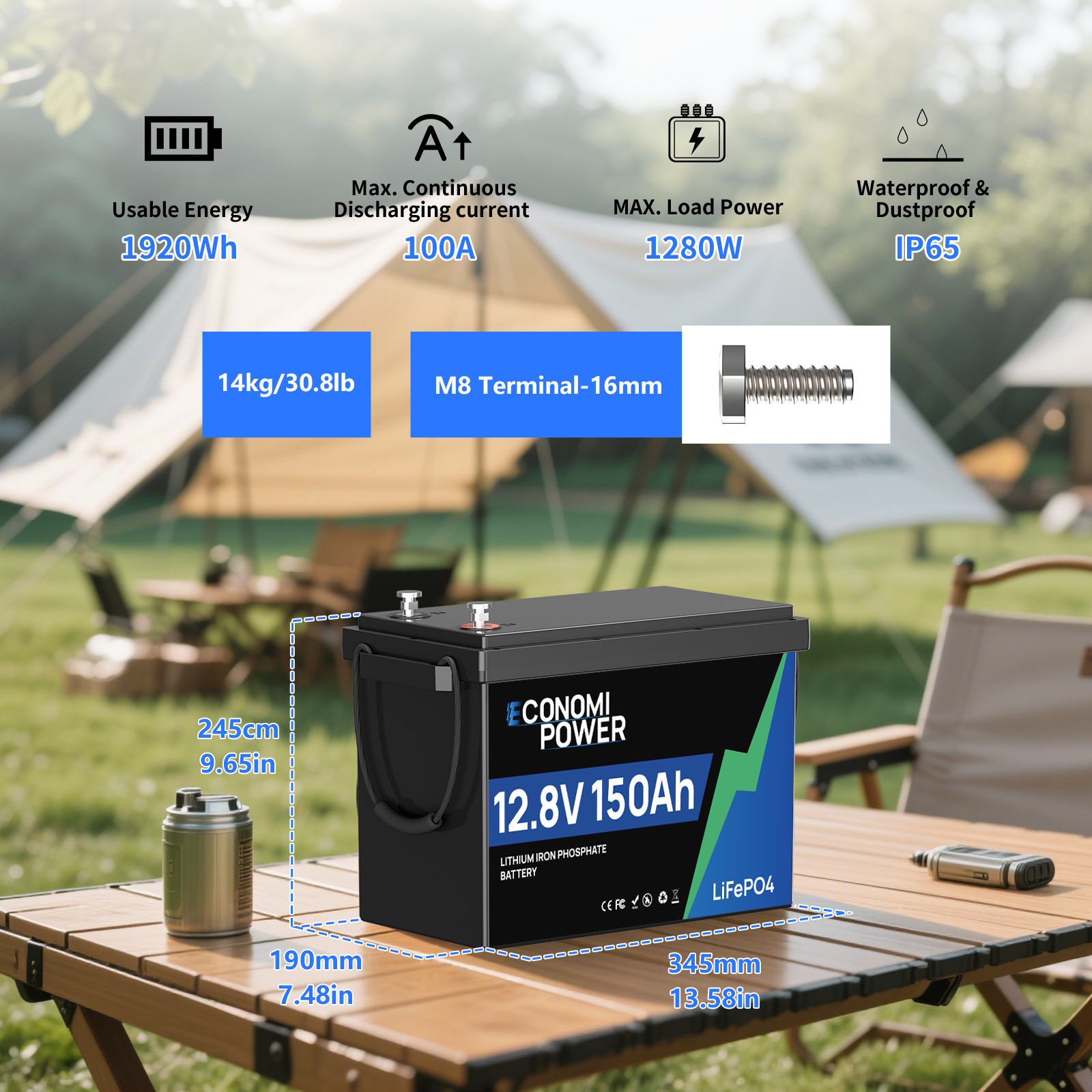 12V 150Ah LiFePO4 Battery 1920Wh Deep Cycle 150A BMS RV Off-Grid Solar Marine