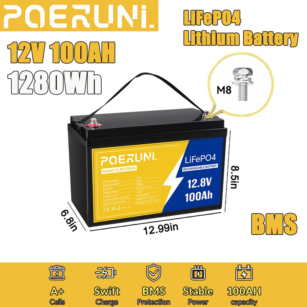 POERUNI 12V 100Ah LiFePO4 Lithium Battery Deep Cycle BMS 100Ah for Solar Marine