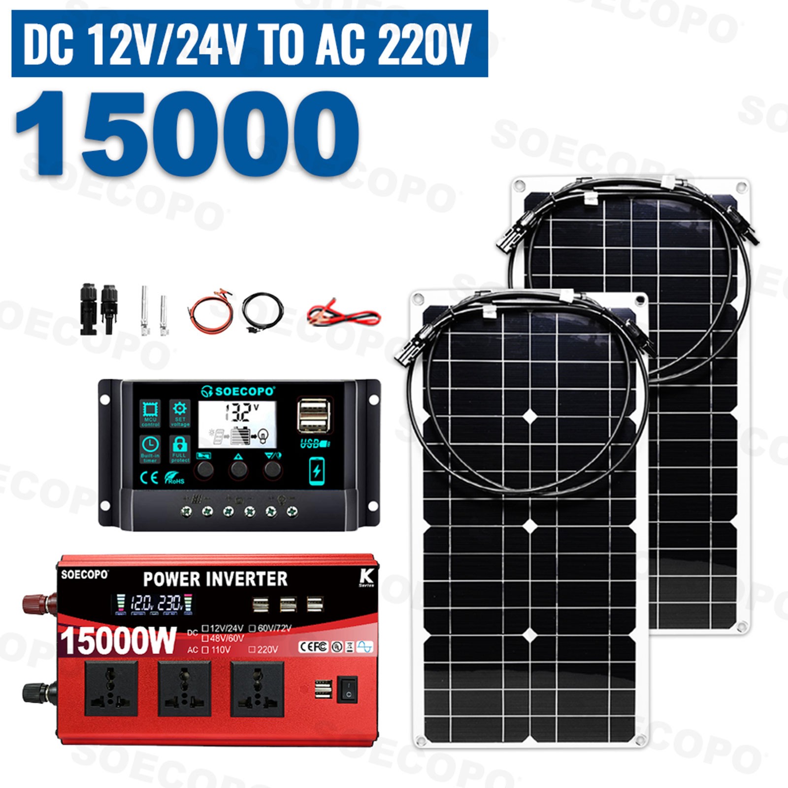 15000W Peak Solar System Kit 2pcs Flexible Panel DC12V/24V AC110V/220V Inverte9z