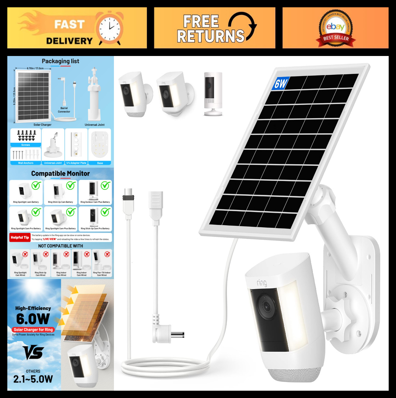 6W Solar Panel & 2-in-1 Wall Mount for Ring Cam, Weatherproof USB-C Charger