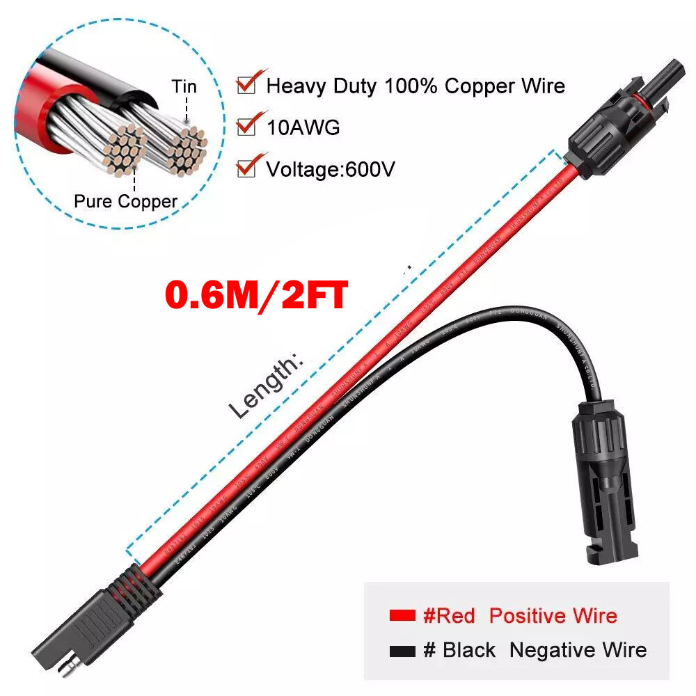2x Solar Panel Extension Cable 2FT 10AWG SAE to SAE Polarity Reverse Adapter NEW
