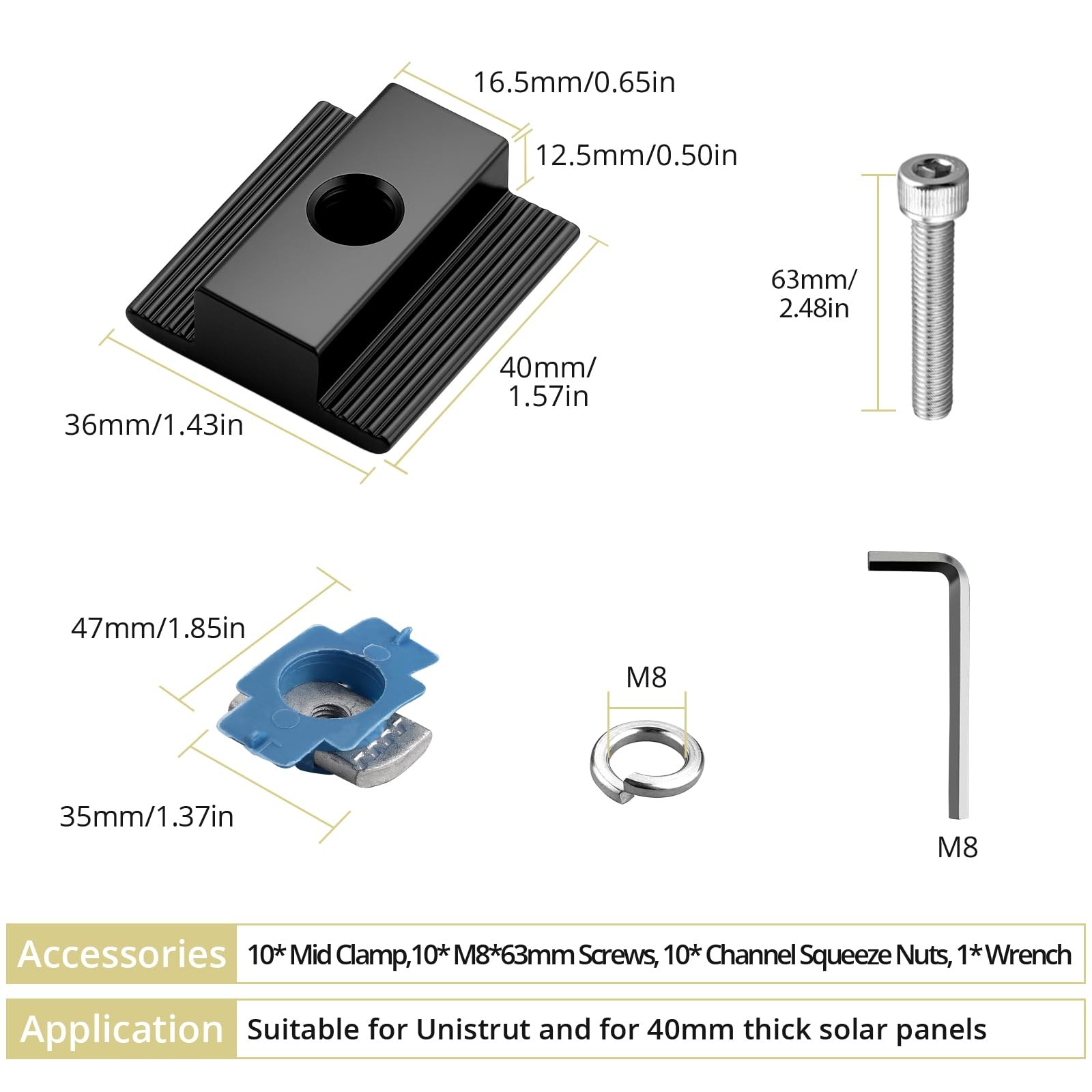 10pcs Solar Panels Mid Clamps for Unistrut, Aluminium 1.37″ Solar Panel Brack…